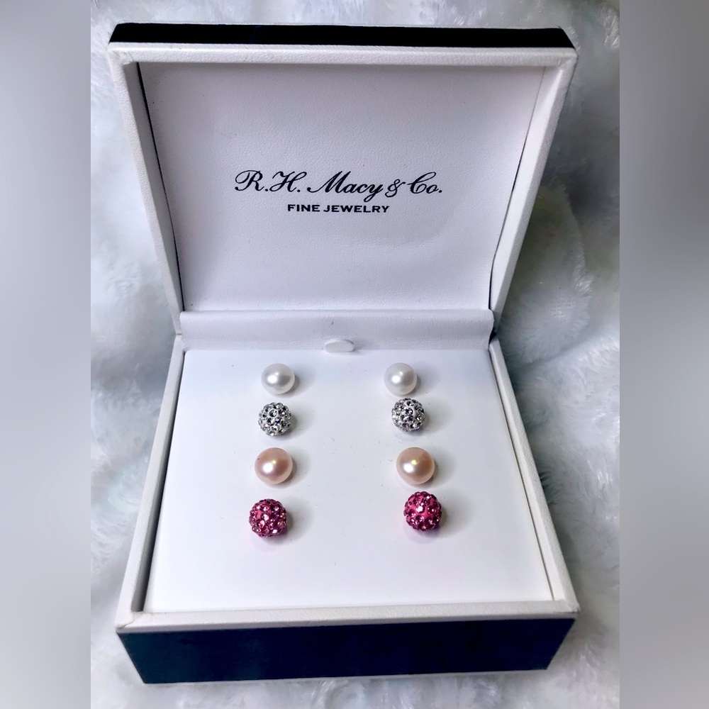 R.H. Macys & Co. Fine Jewelry Set of 4 Earrings Silver & Cubic Zirconia NWT